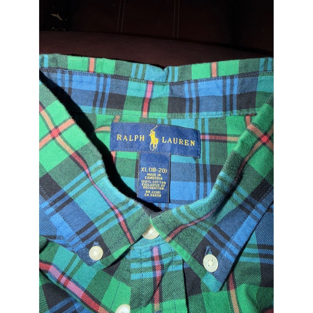 Ralph Lauren Boys XL 18-20 Green Blue Plaid Cotton Button Down Shirt Long Sleeve - Picture 4 of 4